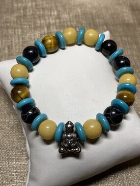 925 Sterling Silver Buddha Bracelet Natural Stone Tiger Eye Turquoise